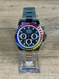 LGT Rainbow – Montre chronographe VK63 – Cadran noir – Lunette multicolore à pierres colorées – Bracelet acier